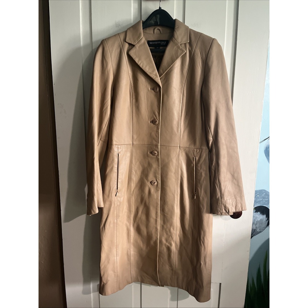 Kenneth Cole Womens Tan Long Leather Pockets Button Front Jacket Size XS